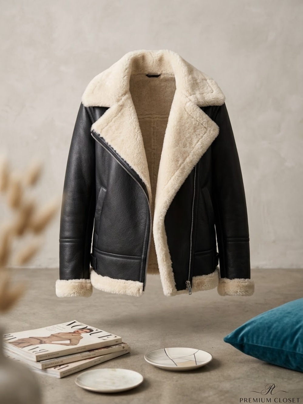 Joie Black Leather Bomber Jacket with Cream Shearling Trim